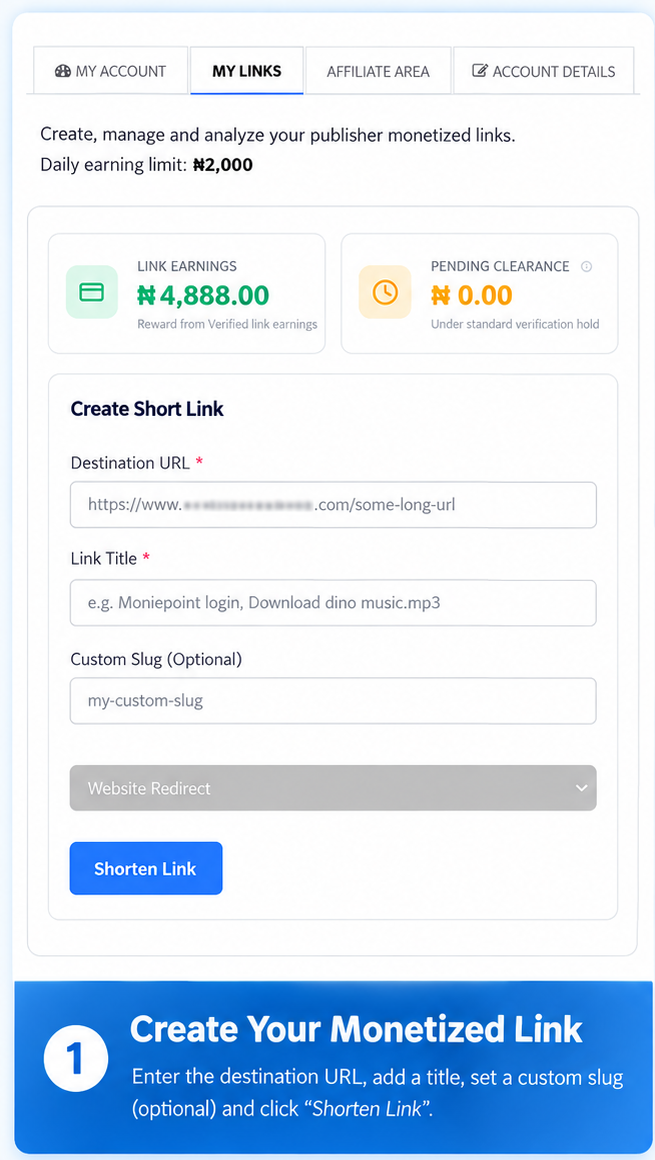 How to create a monetized shortened link on VitalClik